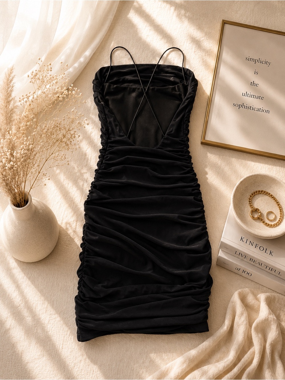 The Vintage Shop Black Ruched Slip Dress with Crisscross Straps - Picture 2 of 4